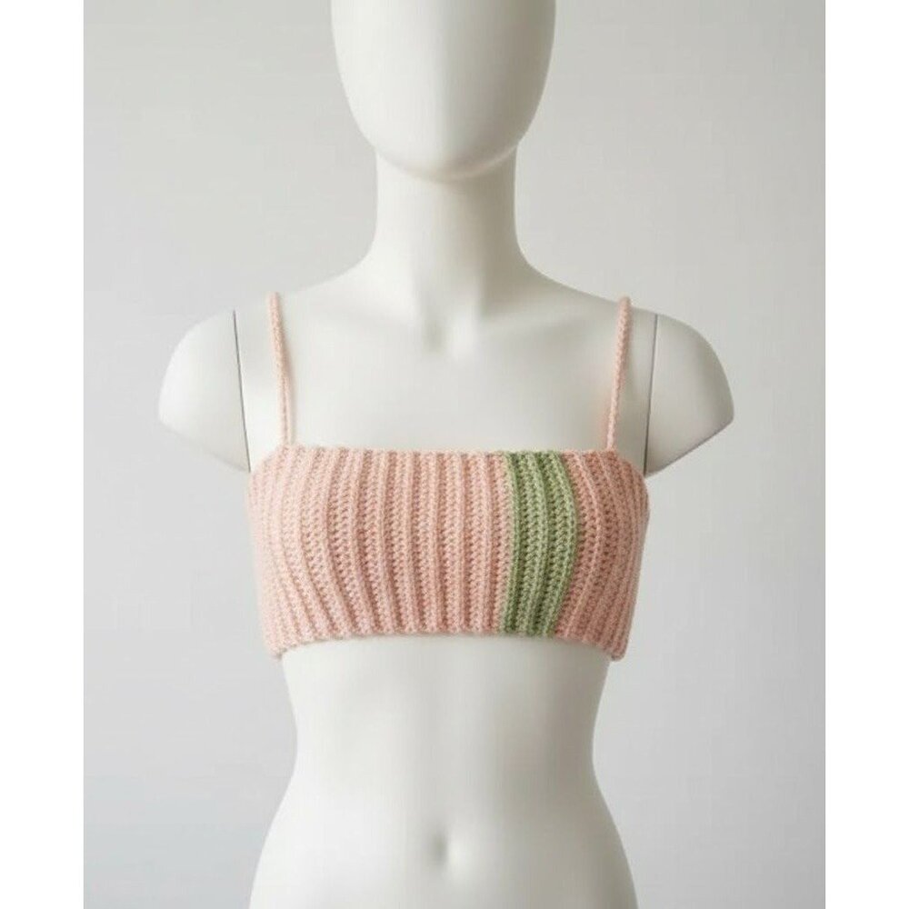 Handmade Crochet Ribbed Crop Top - Pink & Sage Green - Boho Festival Bralette